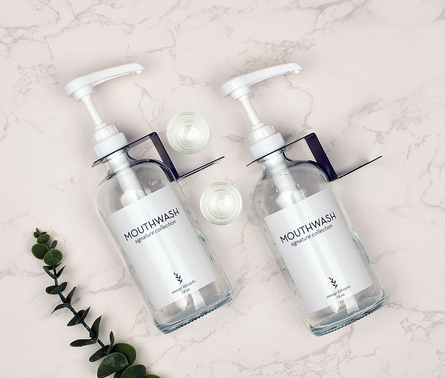 Onsogi Glass Mouthwash Dispenser With Cups Holders And Pumps, 16 Oz Rustic Boho Mouthwash Dispenser For Bathroom Farmhouse Decor